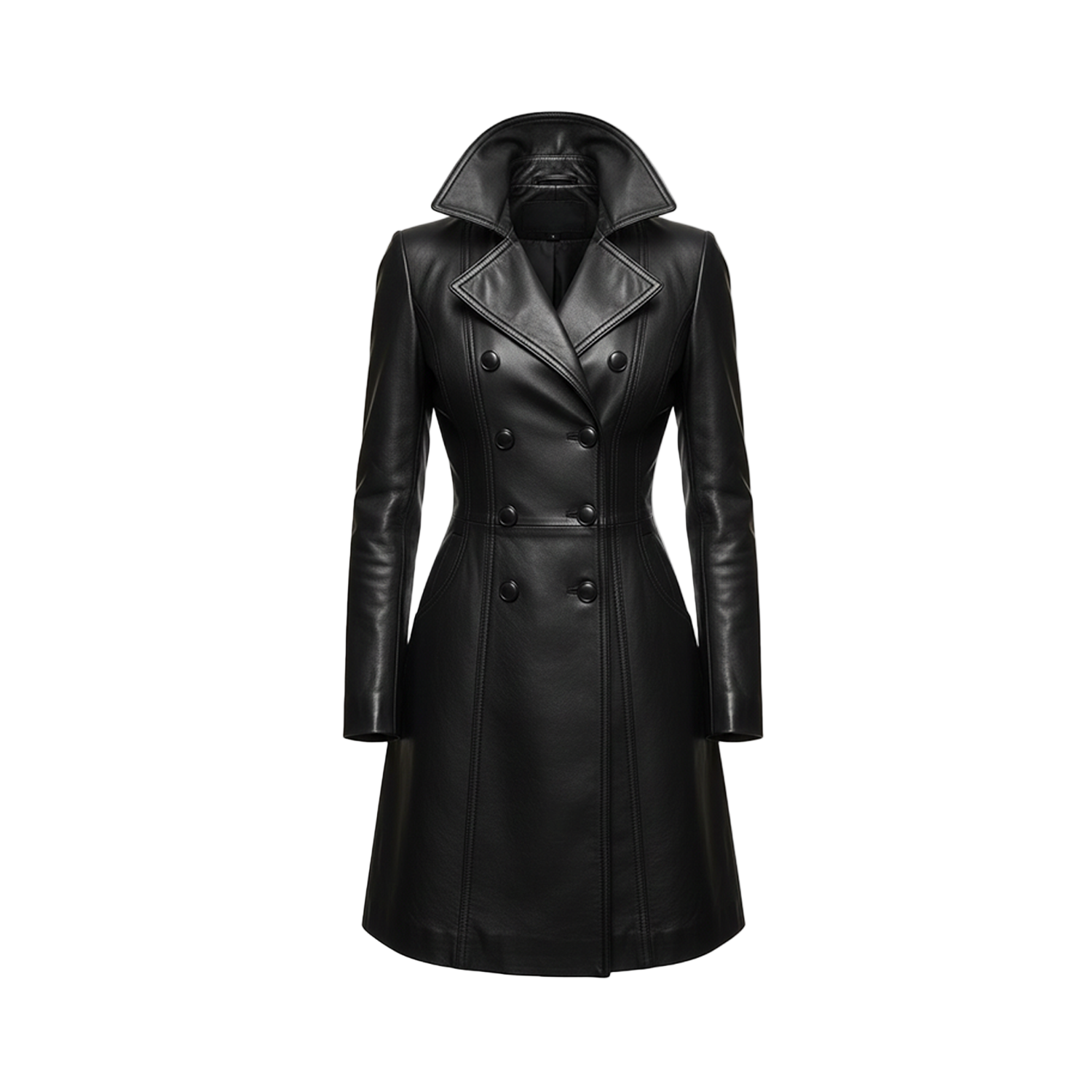 Black leather coat with a hood on a white background