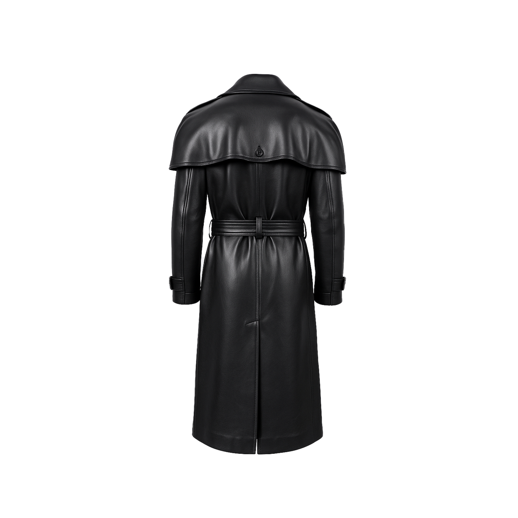 Black leather trench coat on a white background