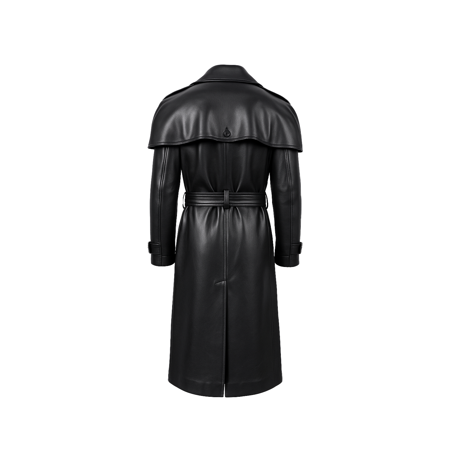 Black leather trench coat on a white background