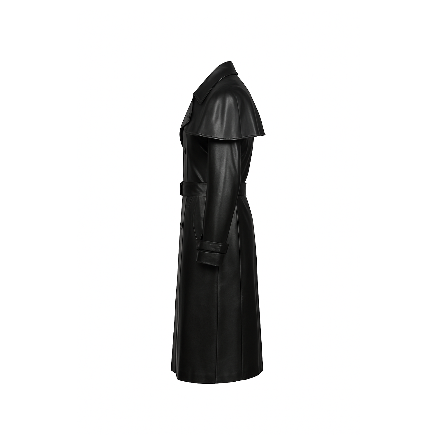 Black leather trench coat on a white background