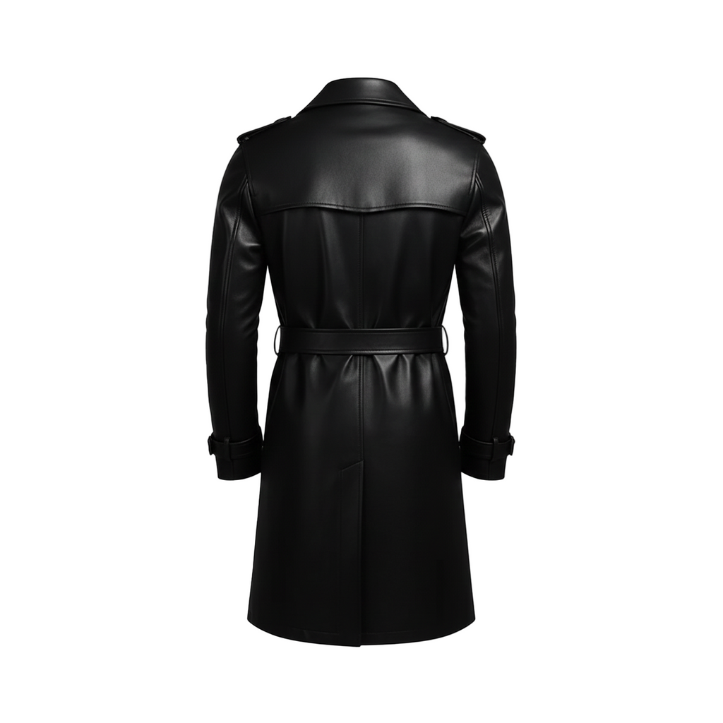 Black leather trench coat on a white background with brand logo.