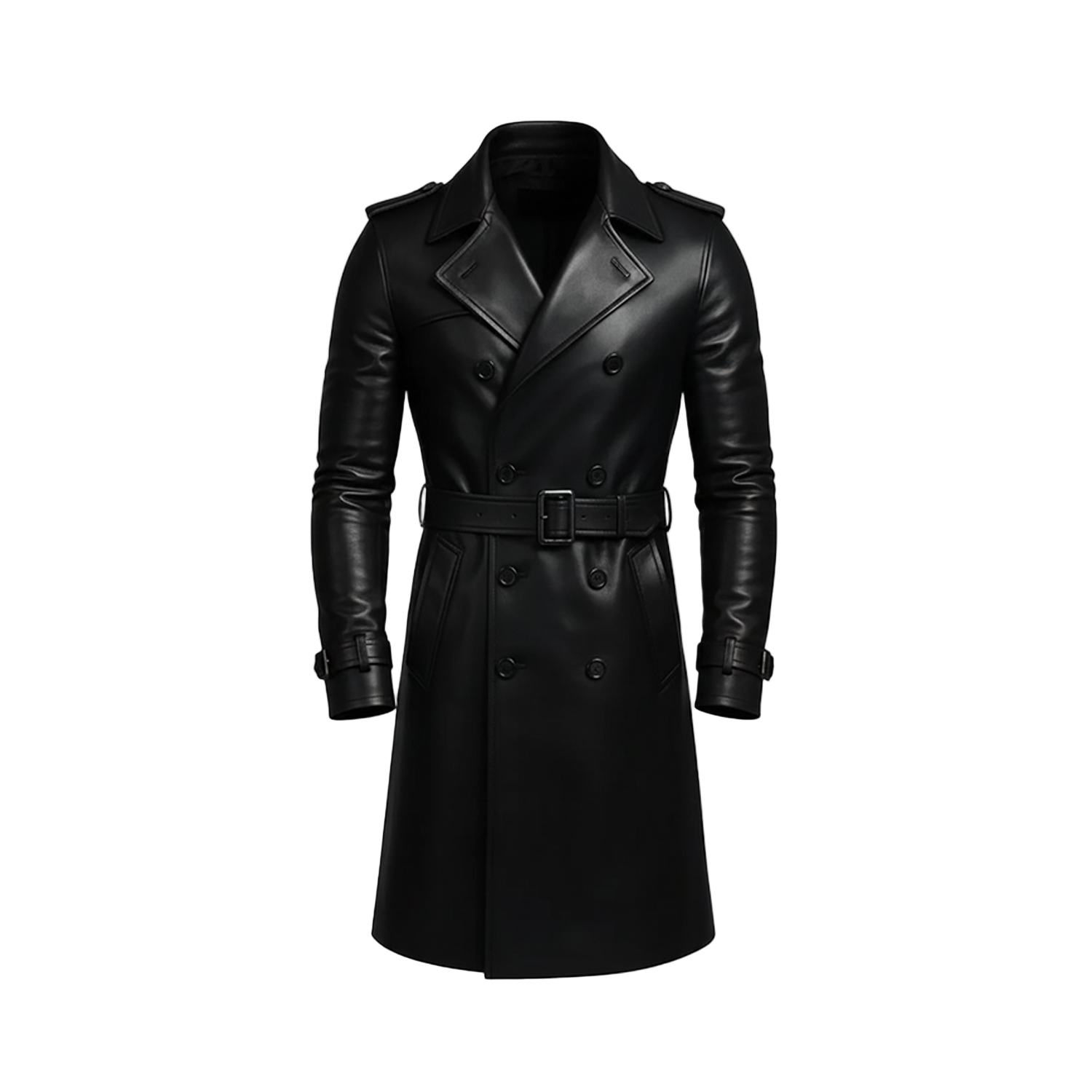 Black leather trench coat on a white background with brand logo.