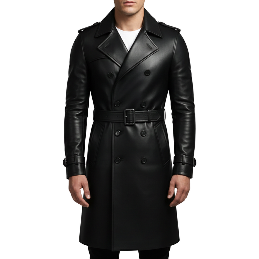 Black leather trench coat worn by a model on a white background