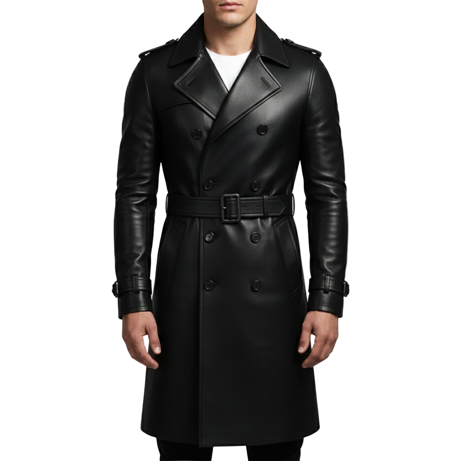 Black leather trench coat worn by a model on a white background