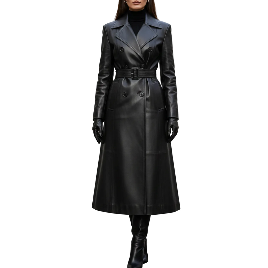 Black leather coat worn by a model on a white background