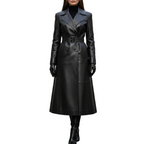 Black leather coat worn by a model on a white background