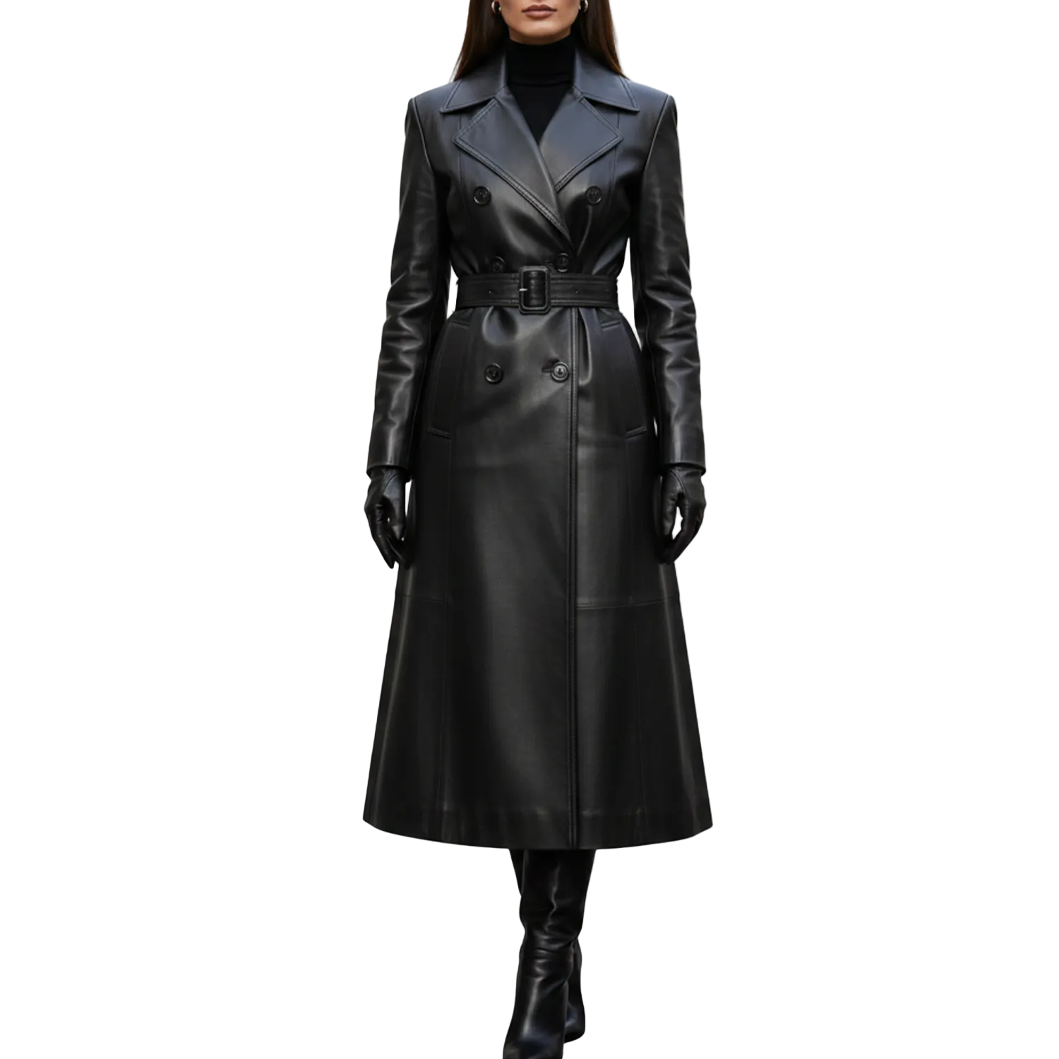 Black leather coat worn by a model on a white background