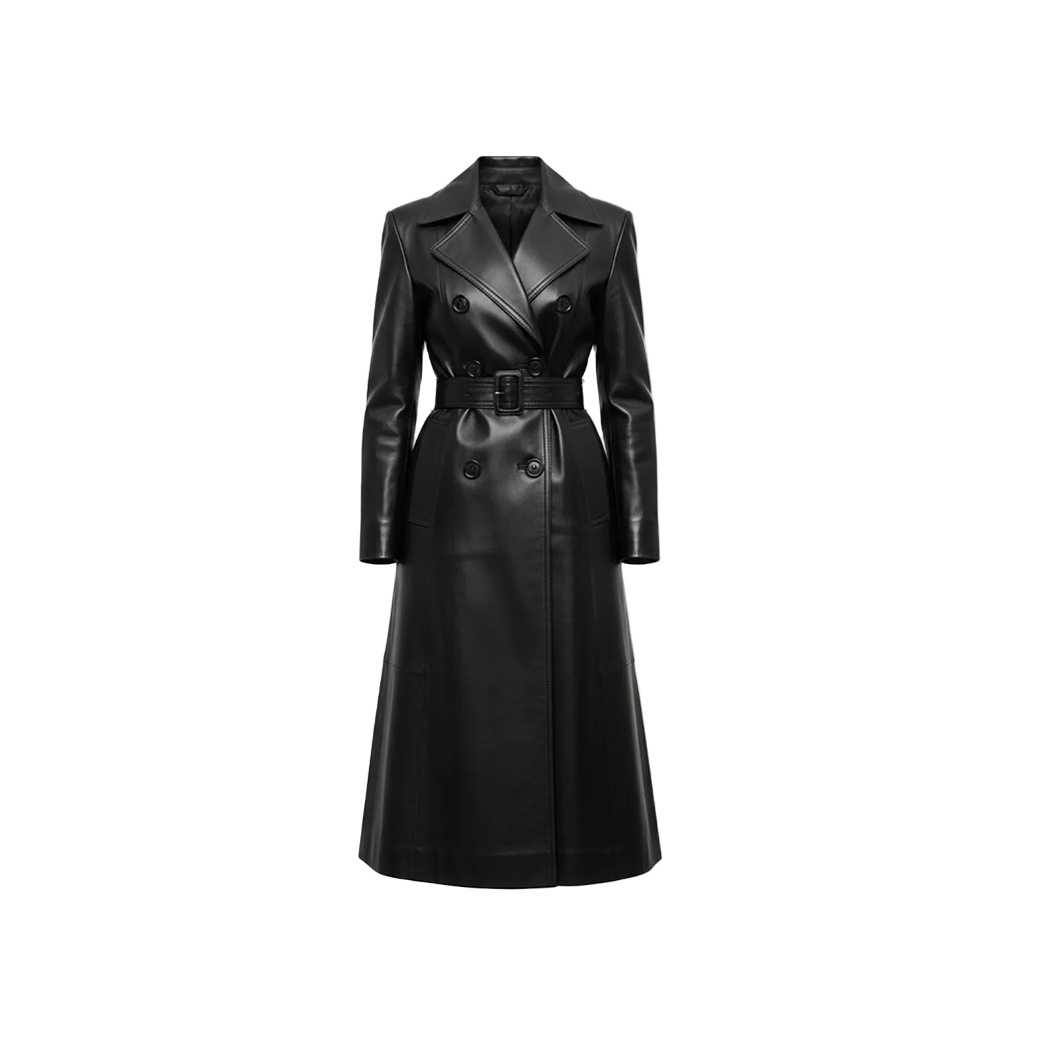 Black leather coat with a belt on a white background