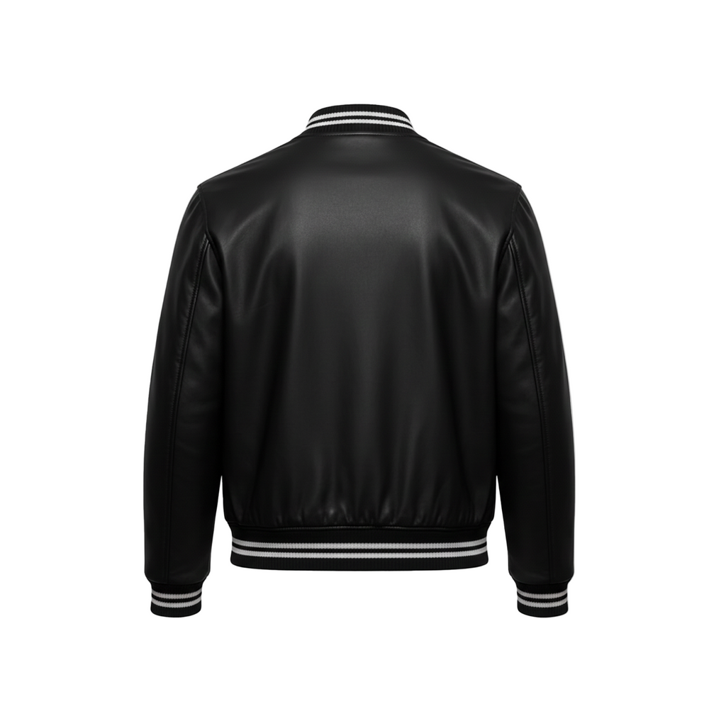 Black leather jacket with white trim on a white background