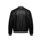 Black leather jacket with white trim on a white background