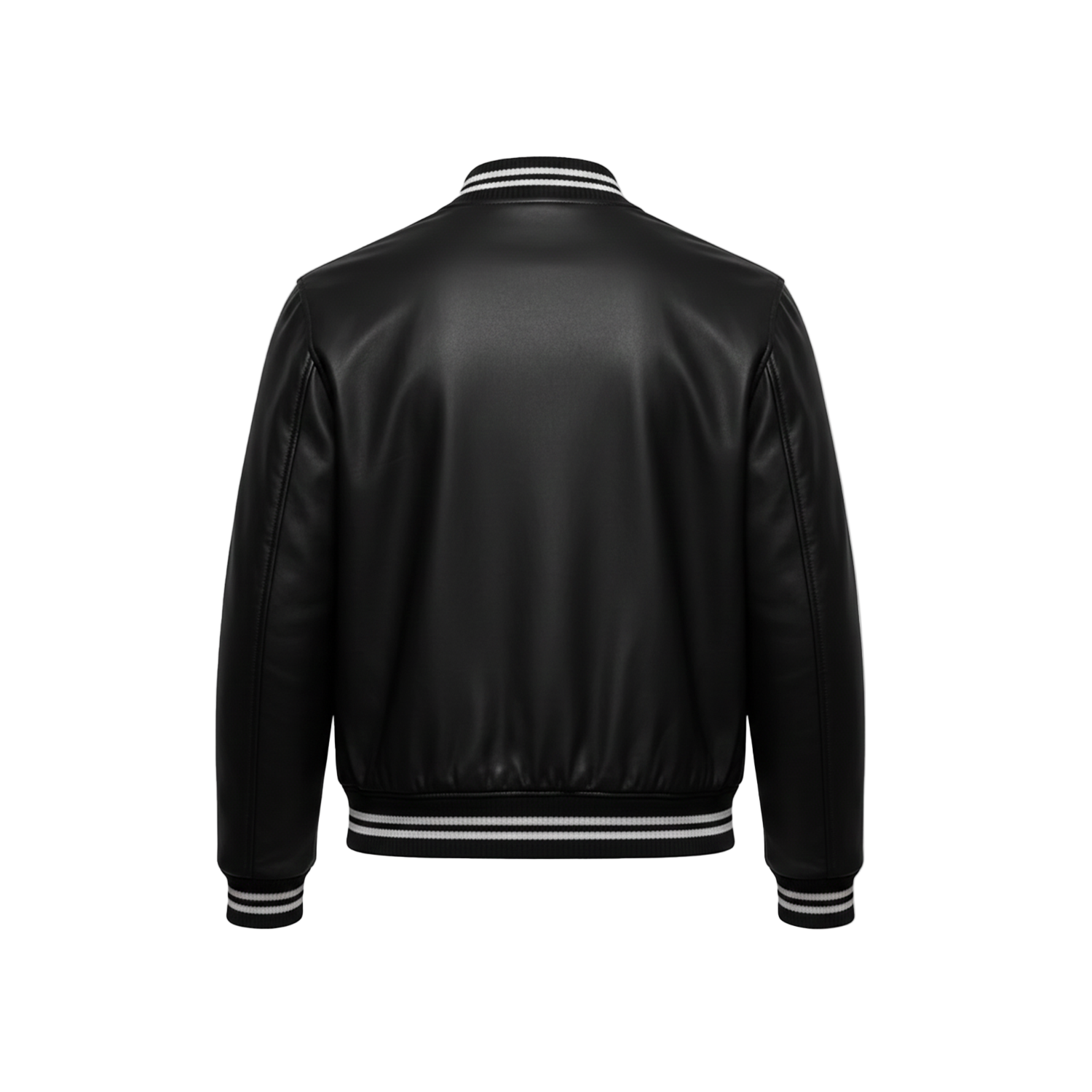 Black leather jacket with white trim on a white background
