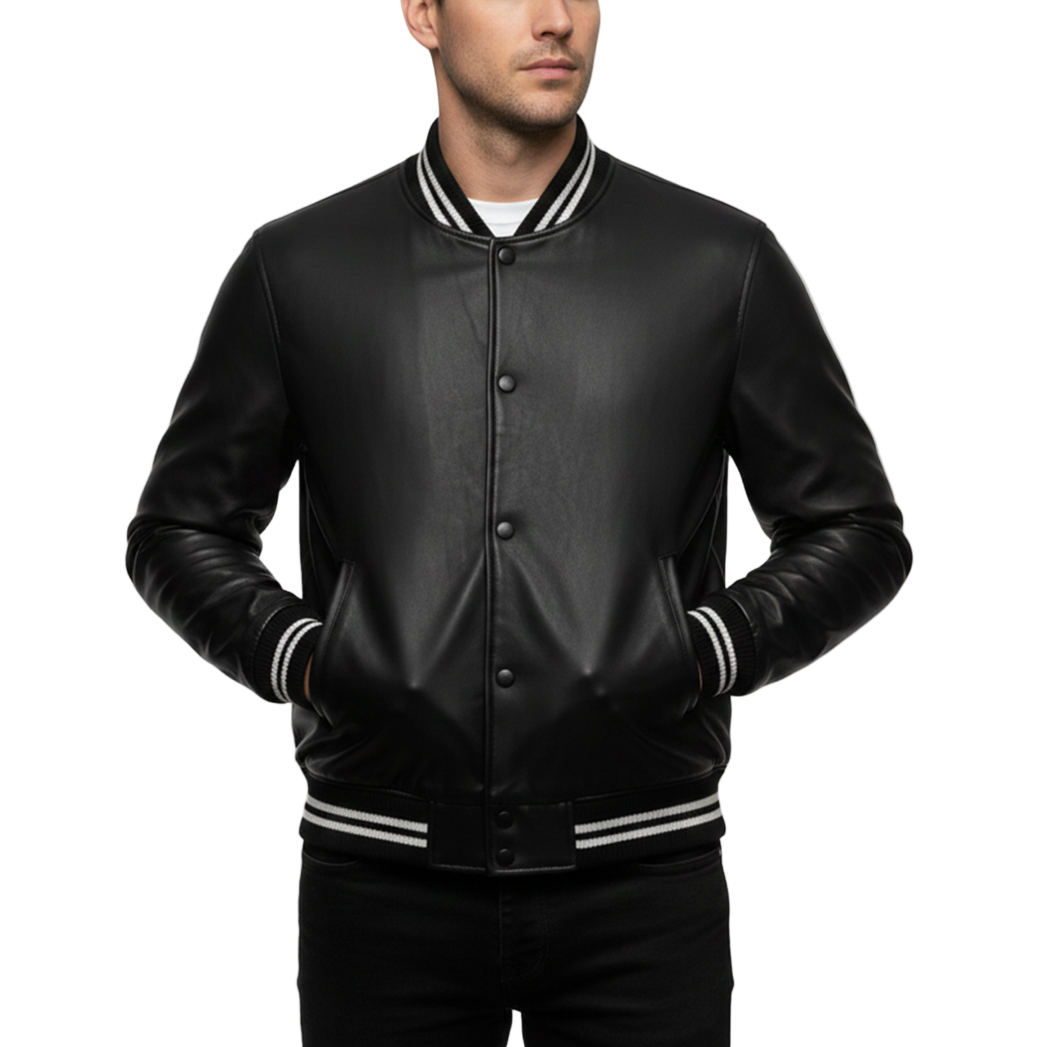Black leather jacket with white accents on a white background