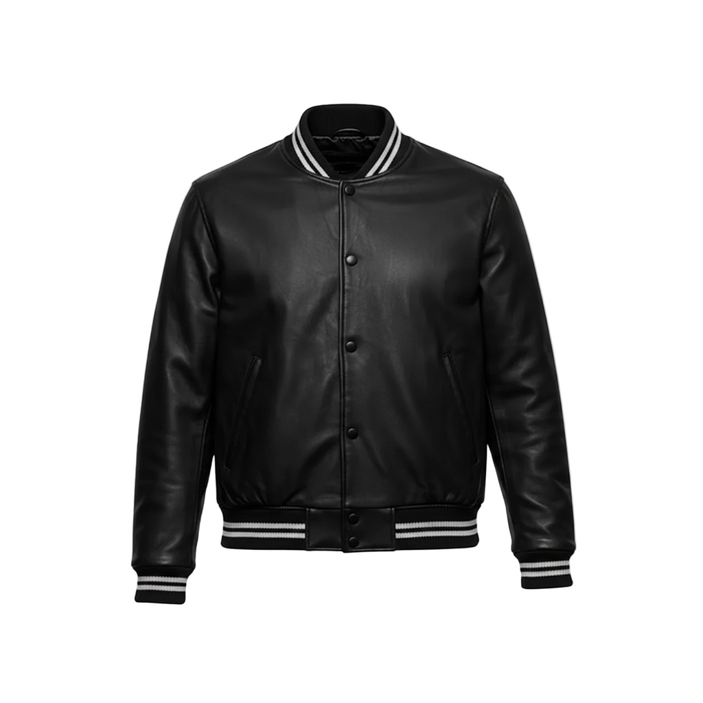 Black leather jacket with white stripes on a white background