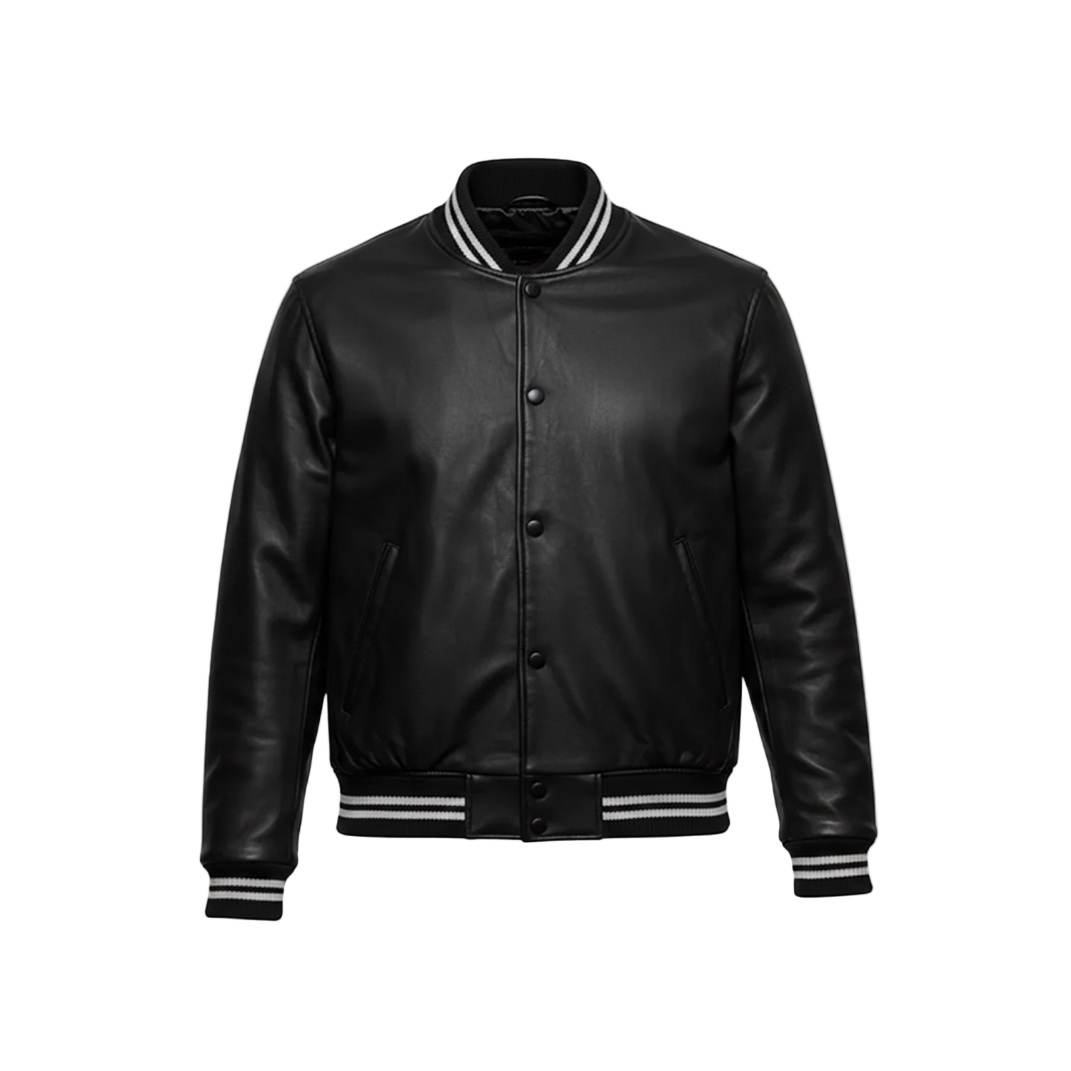 Black leather jacket with white stripes on a white background