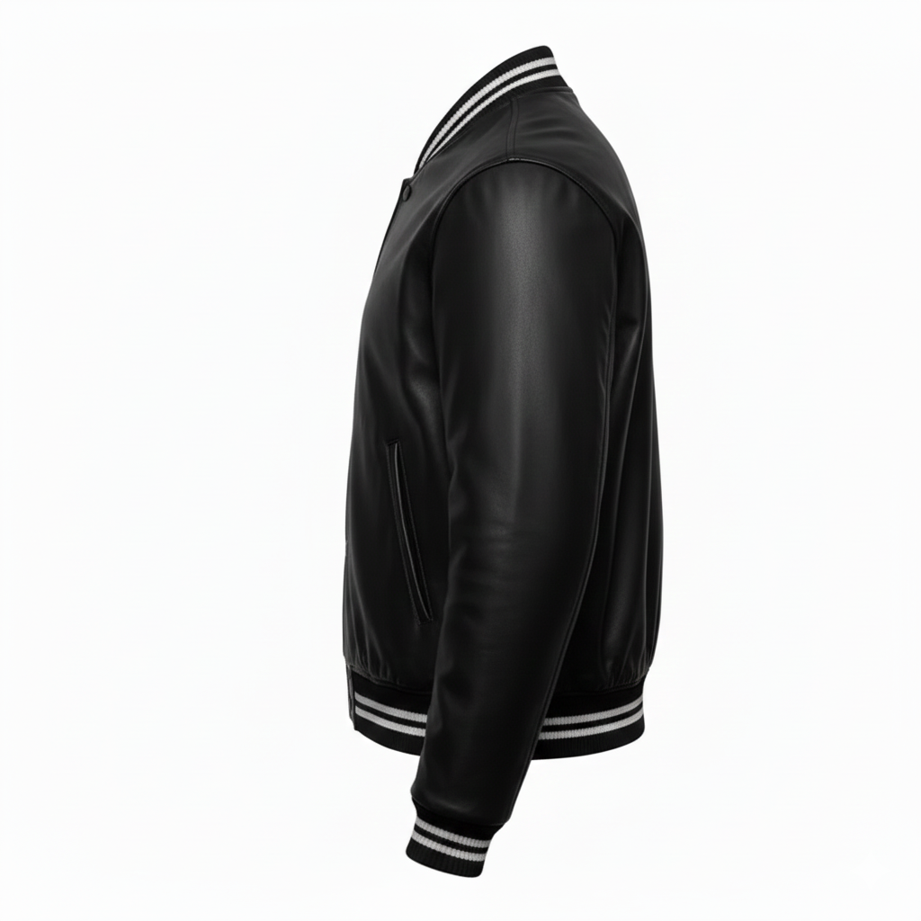 Black varsity jacket with white stripes on a white background