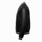 Black varsity jacket with white stripes on a white background