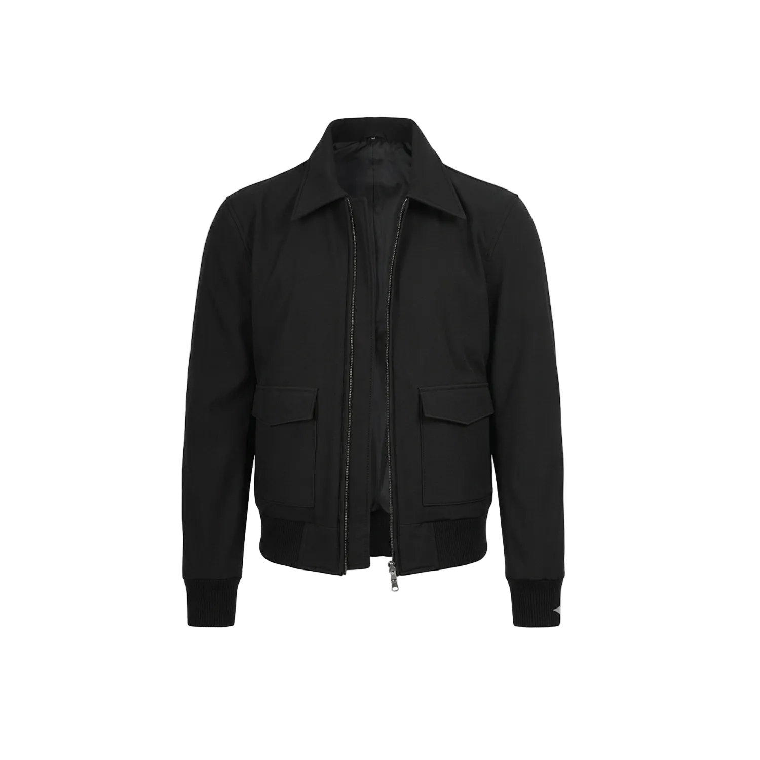Black jacket on a white background with a brand logo in the corner.