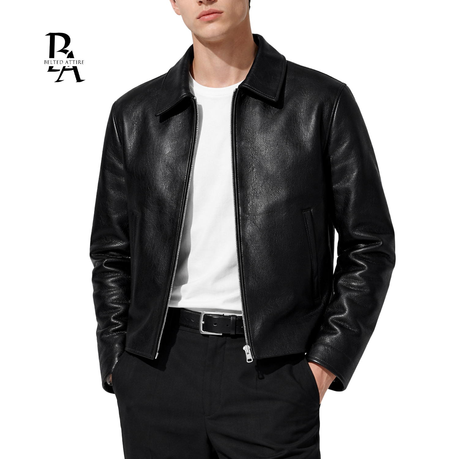 Men's Leather Bomber Jacket Black