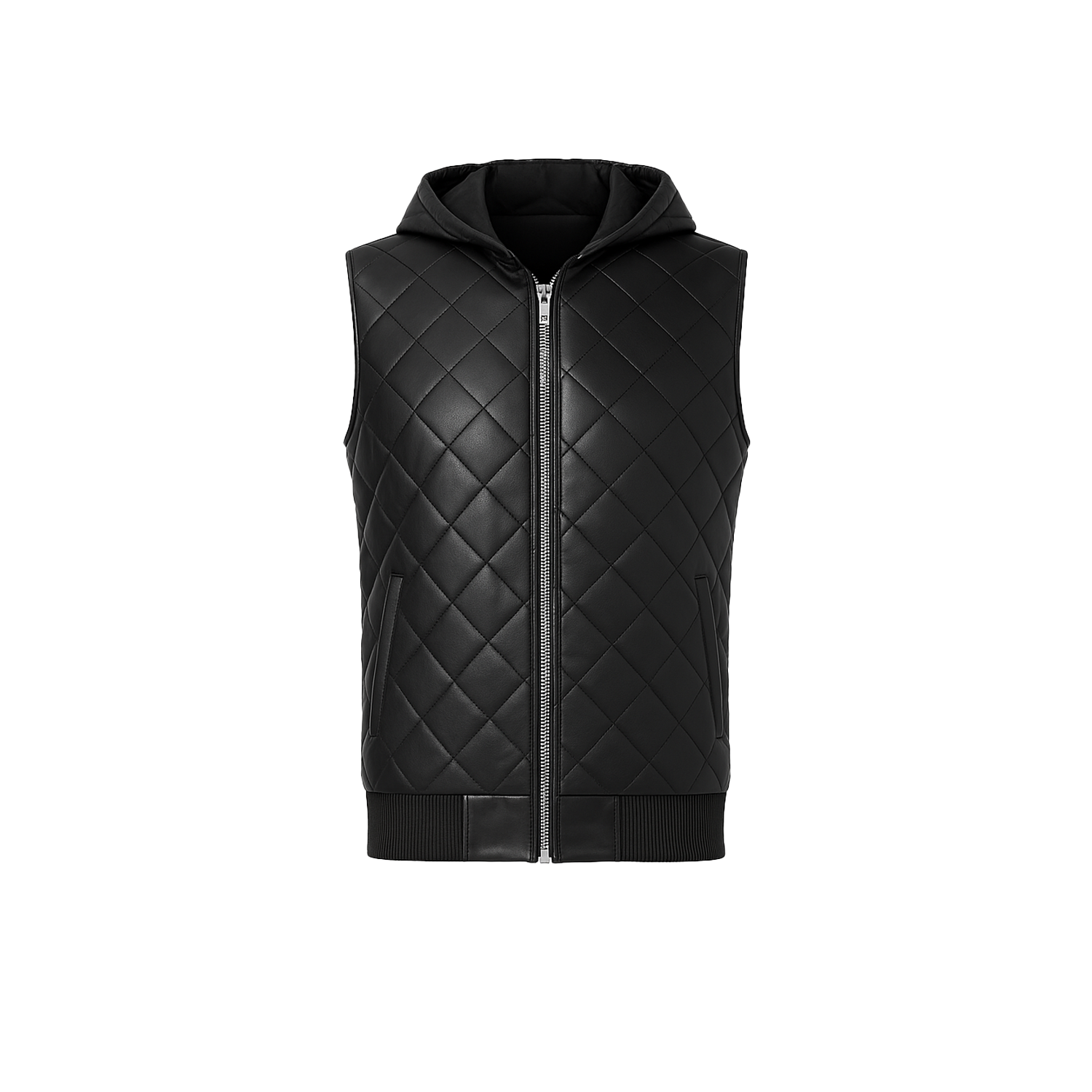Black quilted vest with a hood on a white background