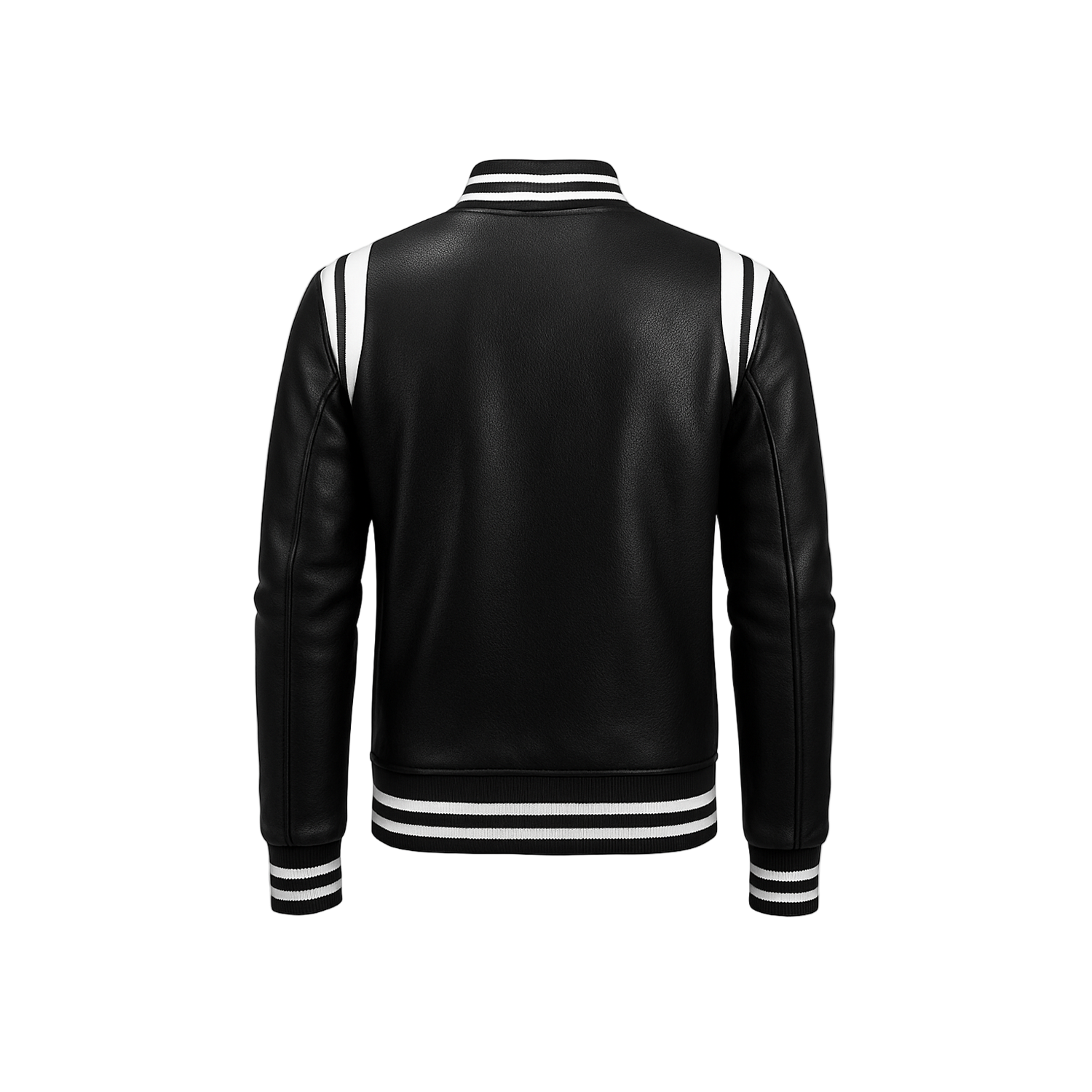 Black leather jacket with white stripes on a white background