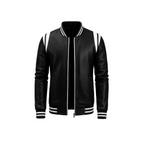 Black leather jacket with white accents on a white background