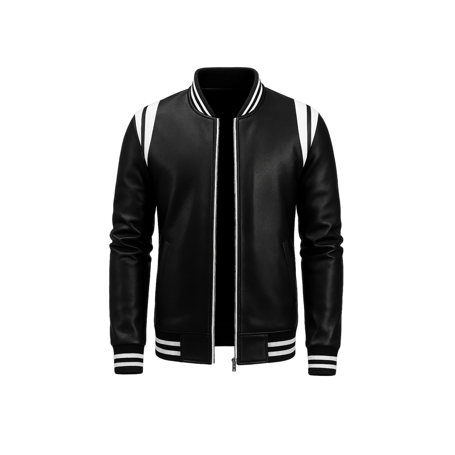 Black leather jacket with white accents on a white background