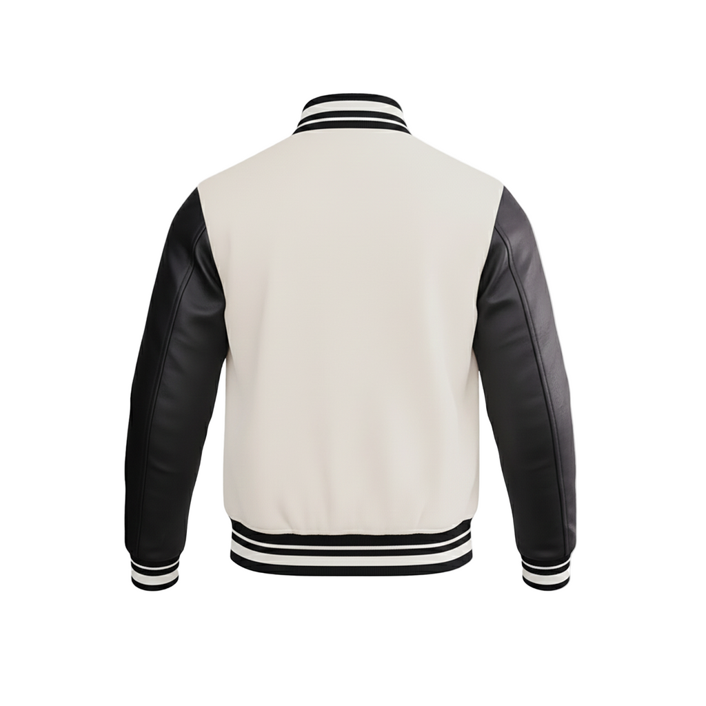 White varsity jacket with black sleeves on a white background