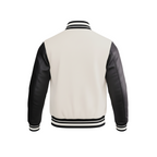 White varsity jacket with black sleeves on a white background
