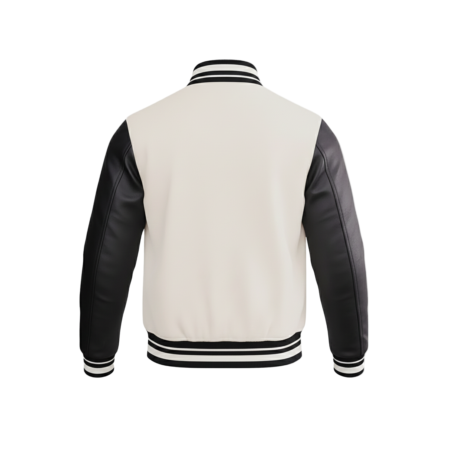 White varsity jacket with black sleeves on a white background