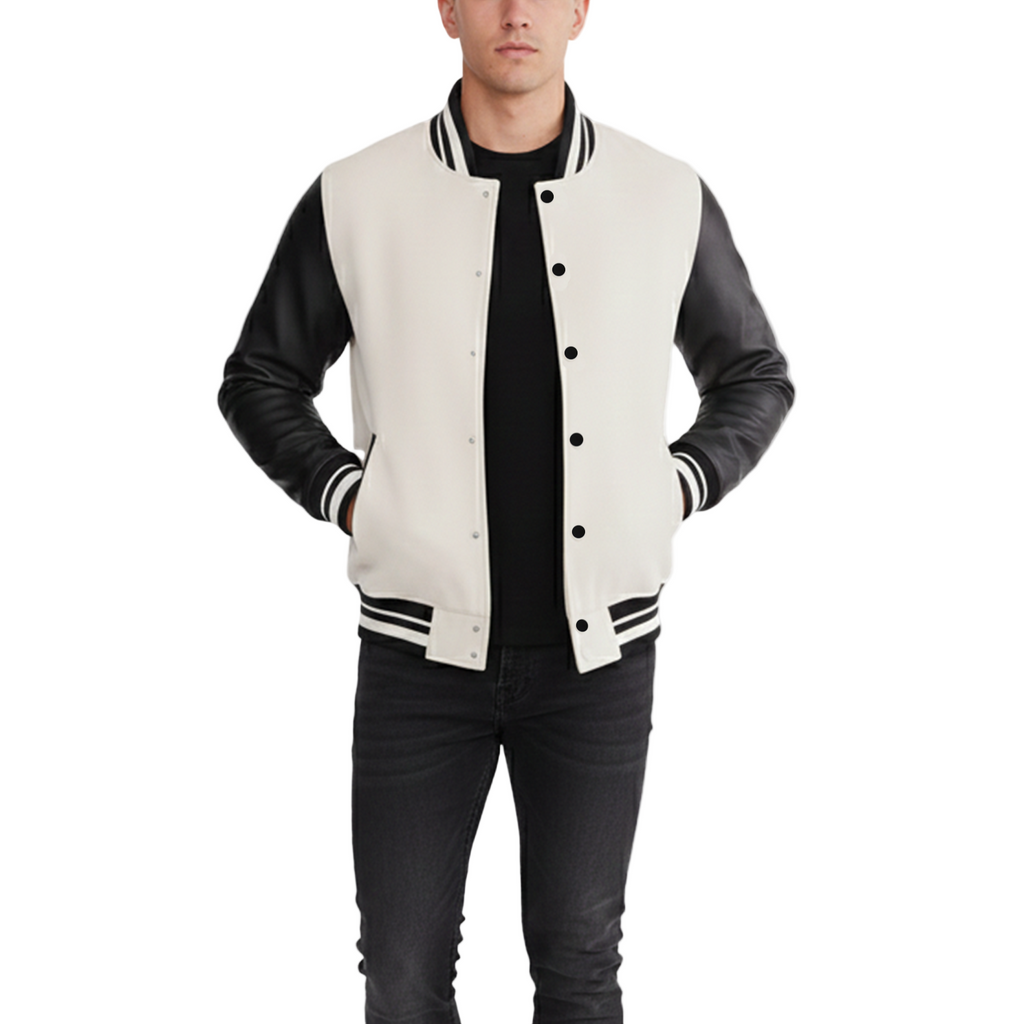 Man wearing a white and black varsity jacket on a white background