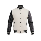 White and black varsity jacket on a white background with a brand logo.