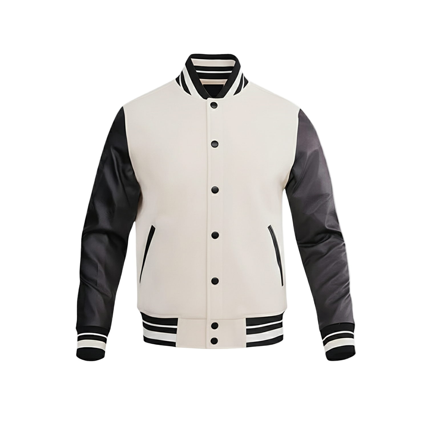 White and black varsity jacket on a white background with a brand logo.