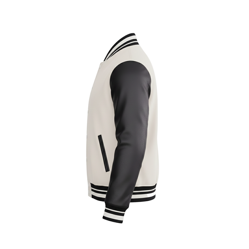 White and black varsity jacket on a white background with a brand logo.
