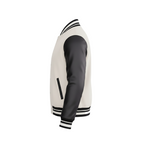 White and black varsity jacket on a white background with a brand logo.