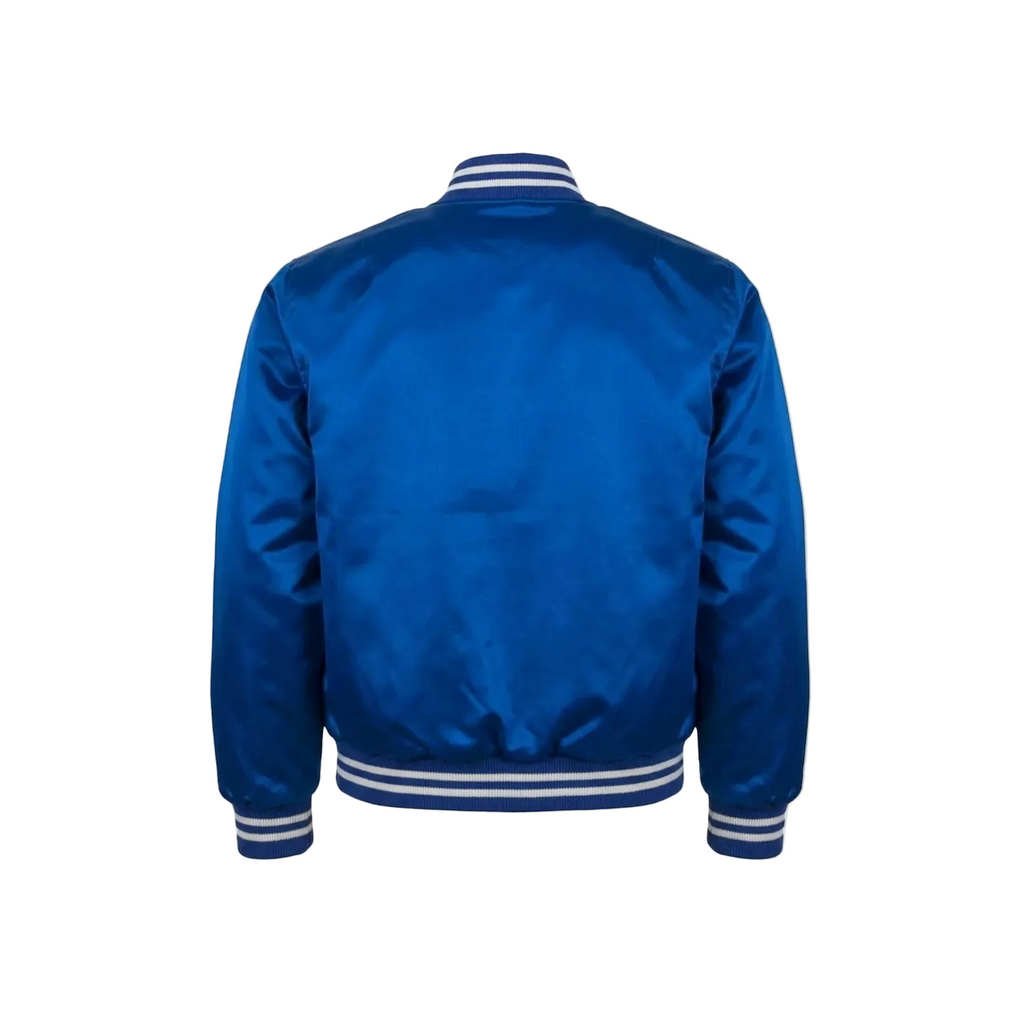 Blue satin jacket with white trim on a white background