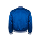 Blue satin jacket with white trim on a white background