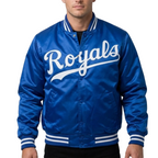 Blue 'Royals' jacket with white lettering on a white background