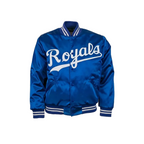 Blue satin jacket with 'Royals' text on a white background