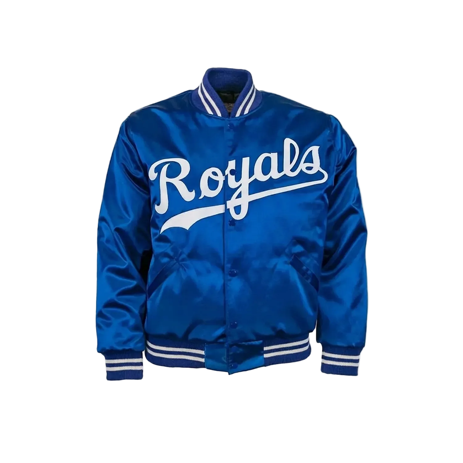 Blue satin jacket with 'Royals' text on a white background