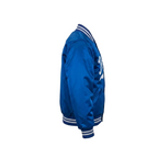 Blue jacket with white accents on a white background