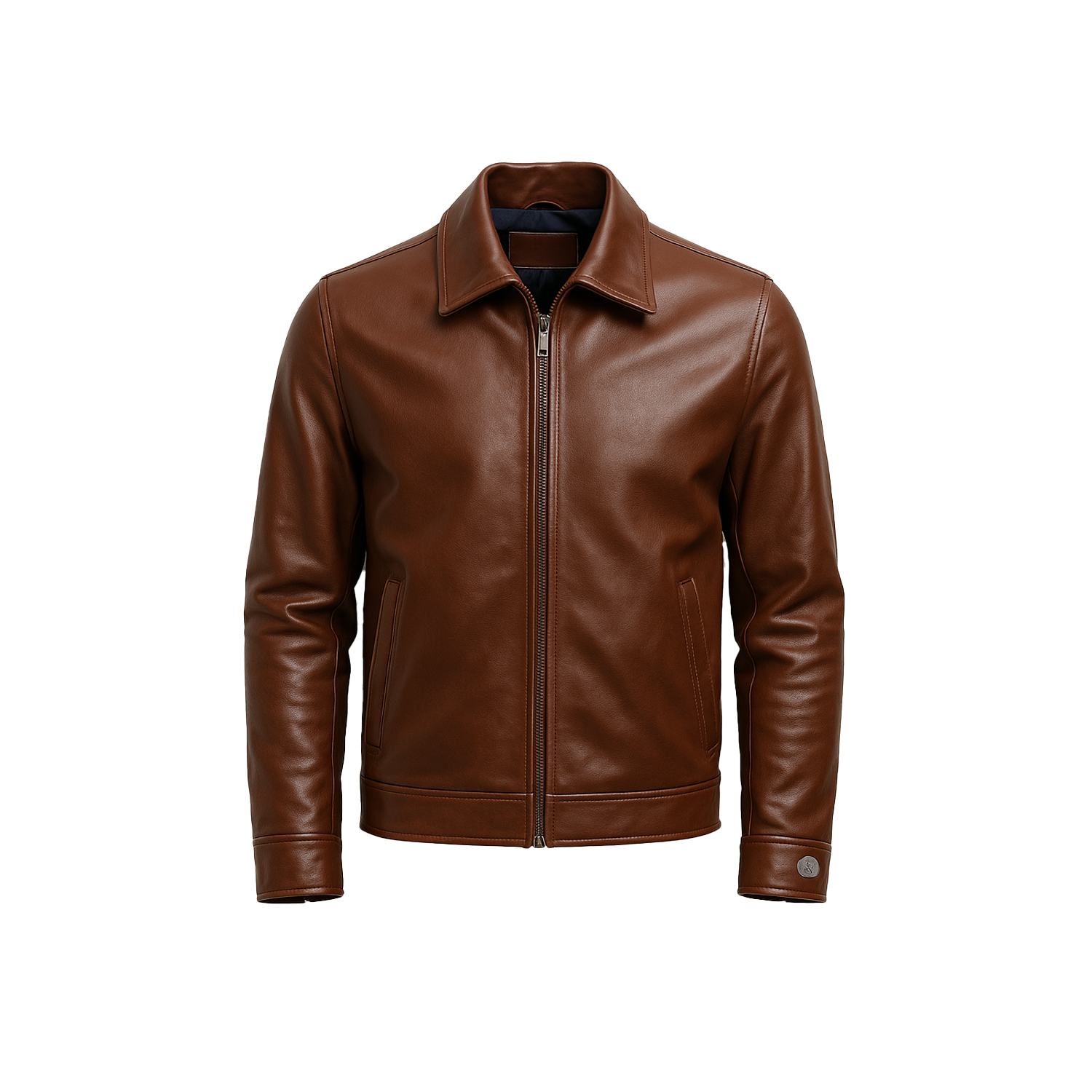 Men’s brown genuine leather jacket front view with zipper closure and shirt-style collar.