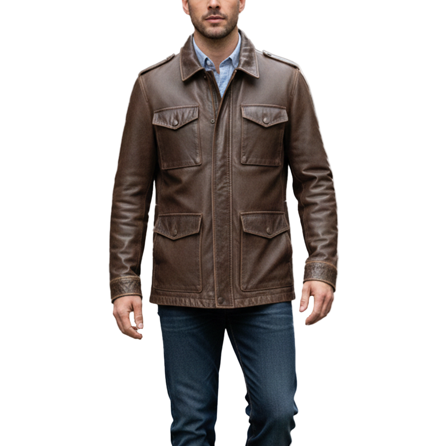 Mens brown leather field jacket