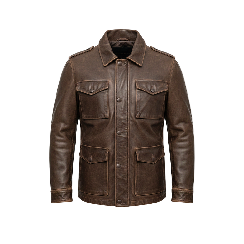 Mens brown leather field jacket