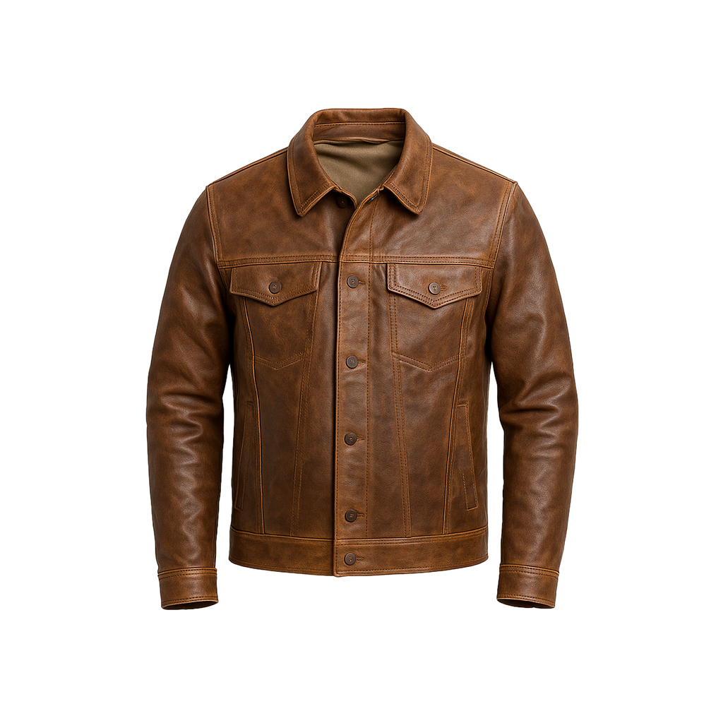 Brown leather jacket on a white background