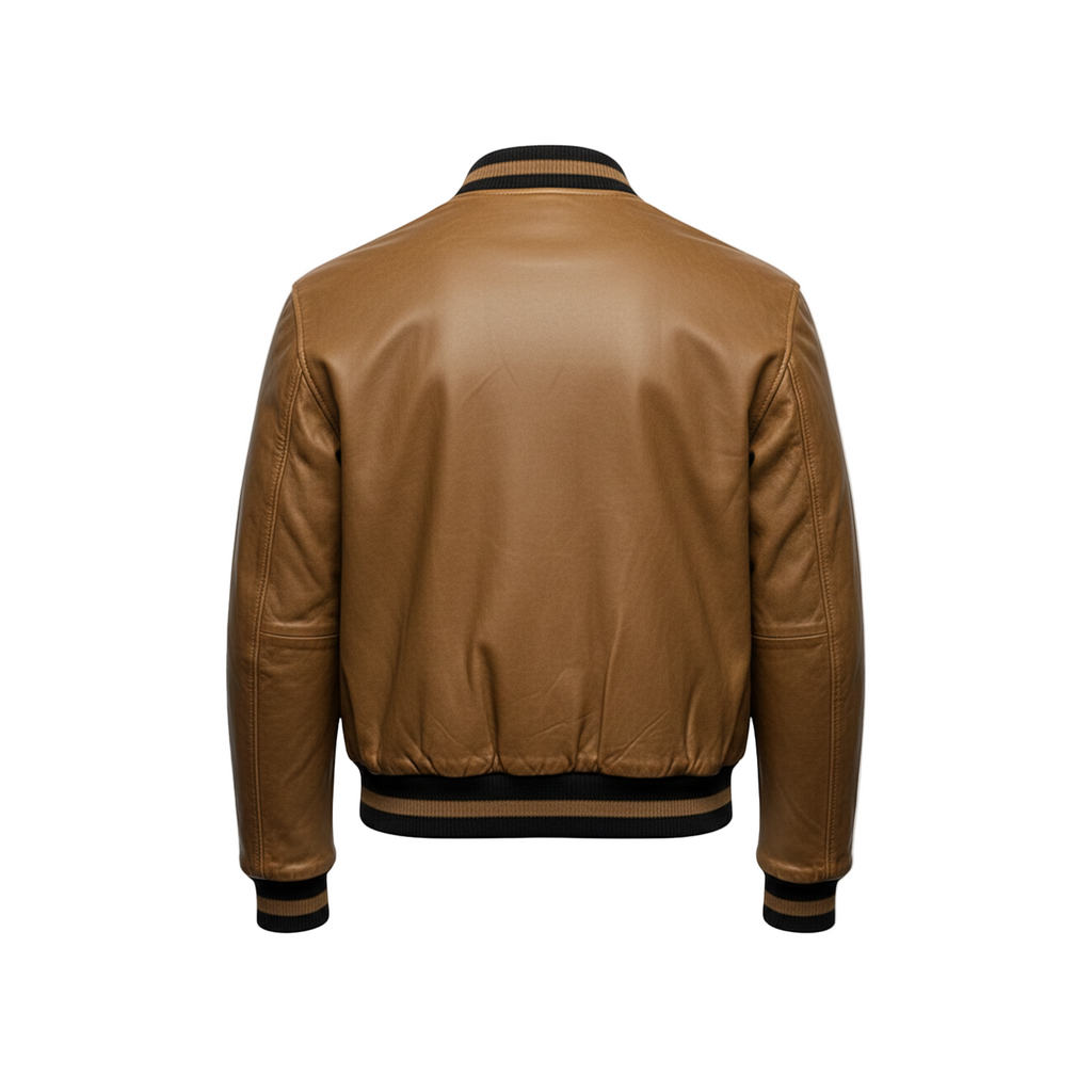 Brown leather jacket on a white background with a brand logo in the corner.