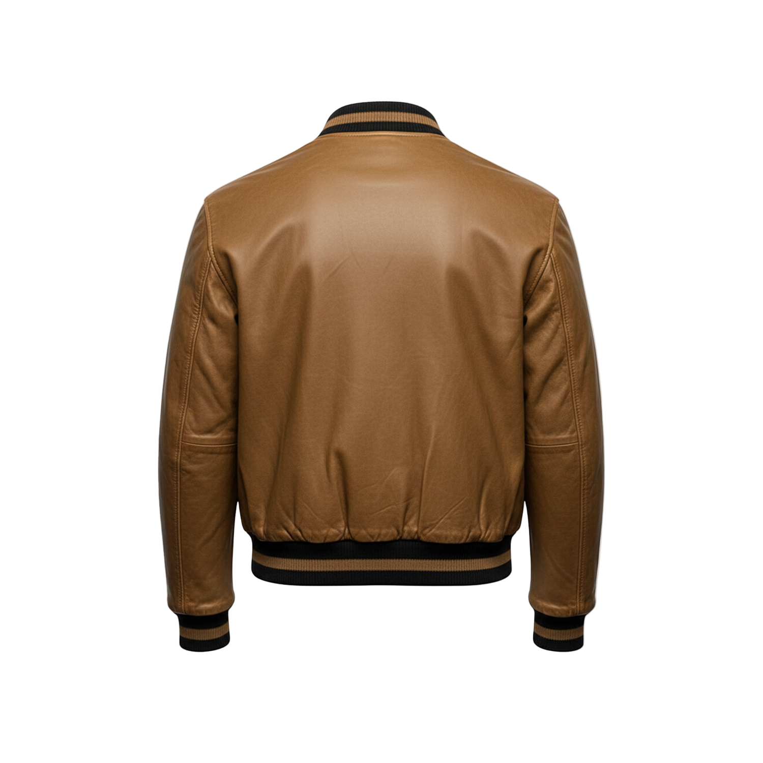 Brown leather jacket on a white background with a brand logo in the corner.