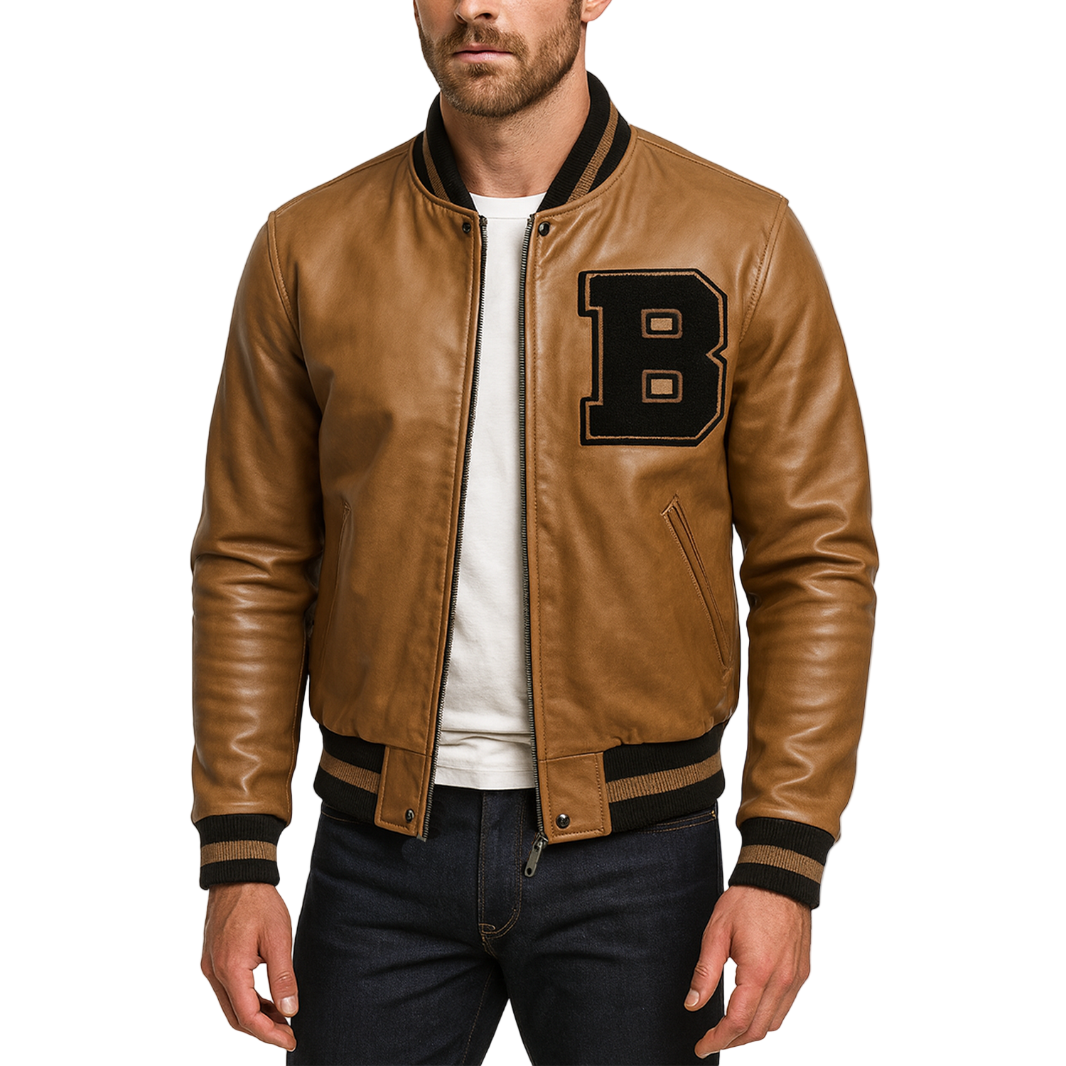 Brown leather jacket with a large letter 'B' patch on a white background