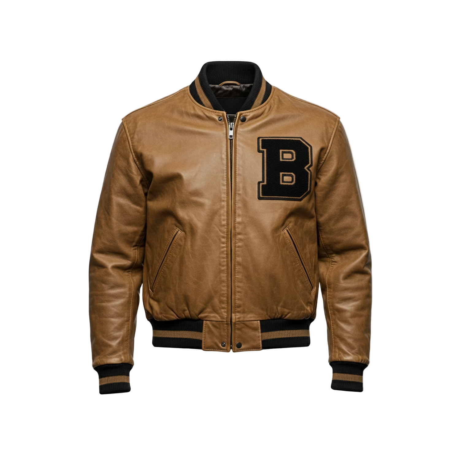 Brown leather jacket with a black 'B' on a white background