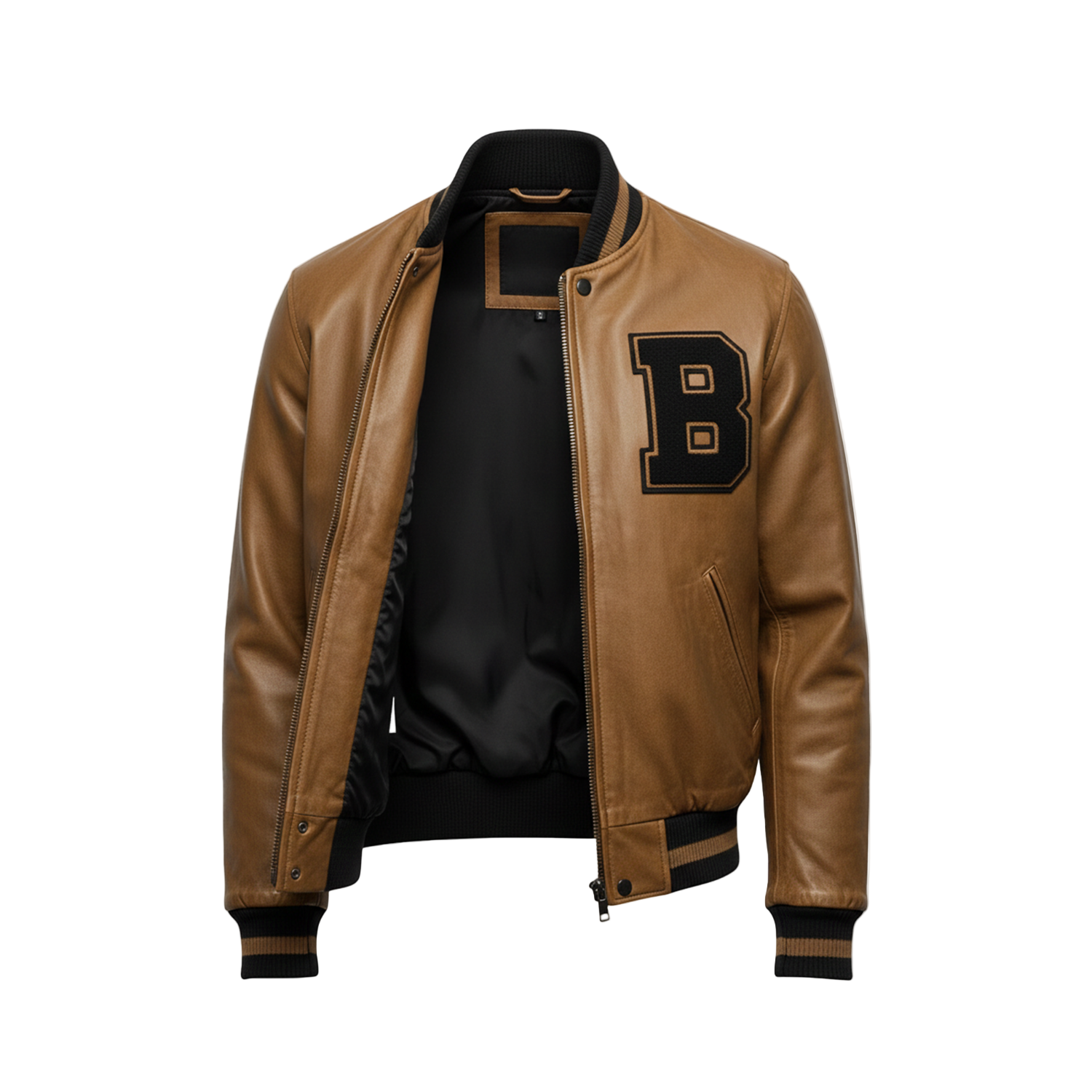 Brown leather jacket with black accents and a large letter 'B' on a white background