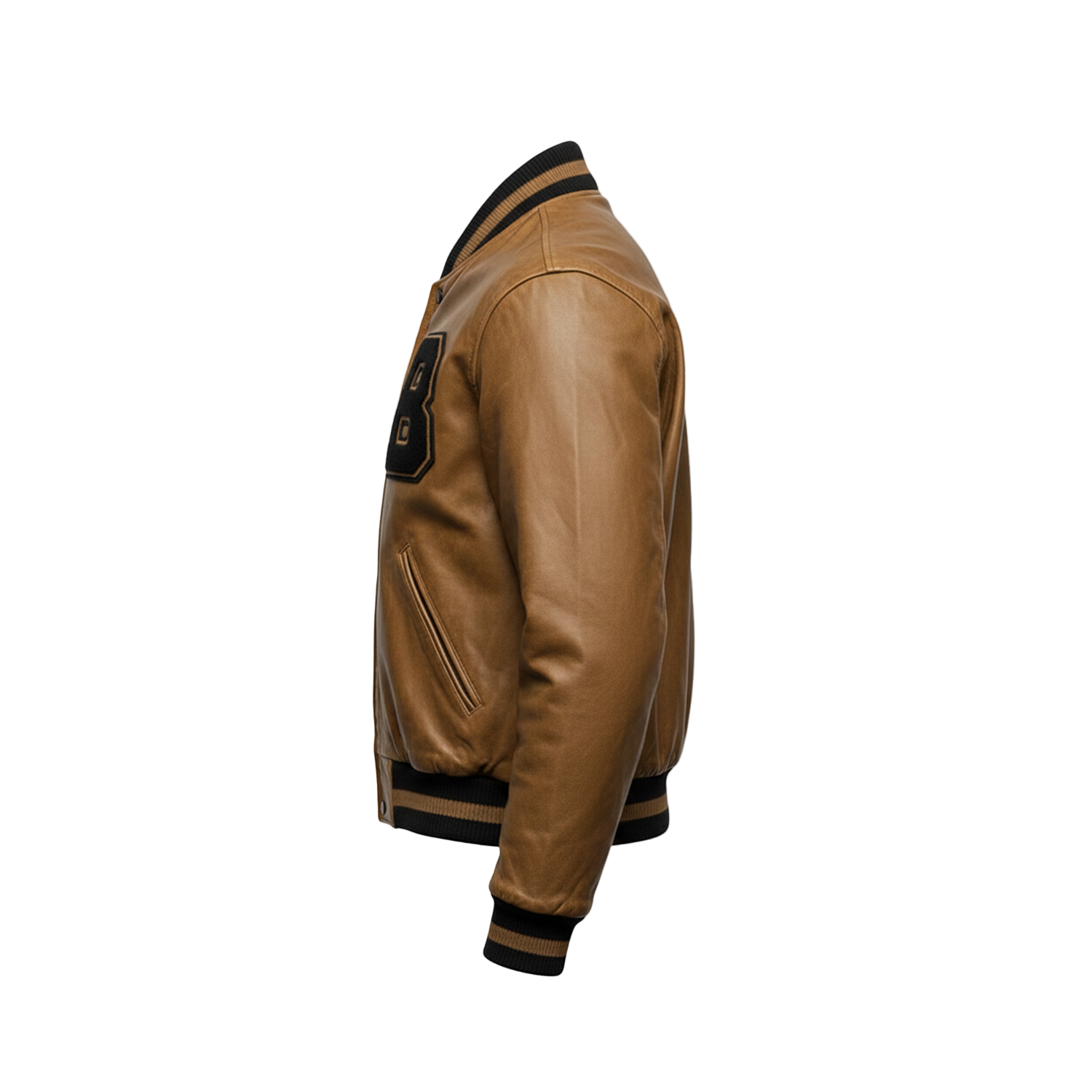 Brown leather jacket with black trim on a white background